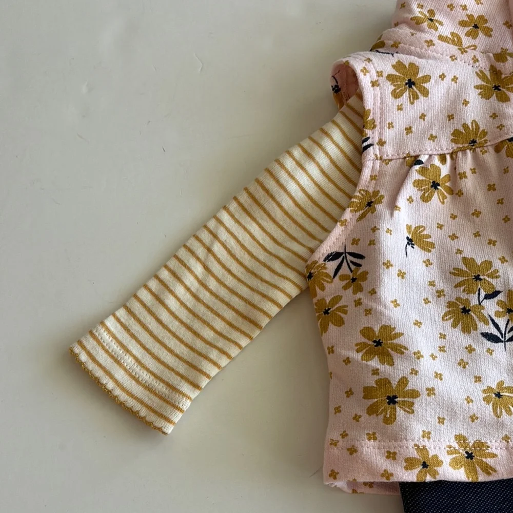 Carter’s Pink and Tan Floral Vest Striped Bodysuit and Pant Set - Picture 4 of 16